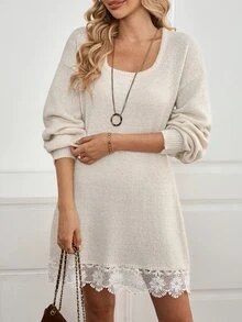 Sprig & Strand فستان كنزة بكتف منسدل مع دانتيل متباين بدون حزام - لون مشمشي - مشاهدة 6