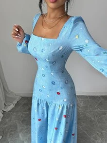 Selianne Autumn/Winter Party Holiday Shopping Date Elegant Slim Fit Square Neck Lantern Long Sleeve Draped Ruffle Fishtail Denim Effect Dress Colorful Diamond Print Pattern Washed Light Blue Women's Dress - Multicolor - View 4