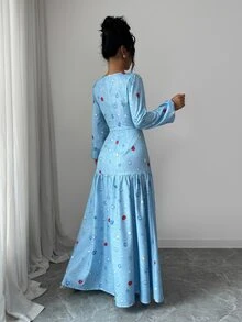 Selianne Autumn/Winter Party Holiday Shopping Date Elegant Slim Fit Square Neck Lantern Long Sleeve Draped Ruffle Fishtail Denim Effect Dress Colorful Diamond Print Pattern Washed Light Blue Women's Dress - Multicolor - View 2