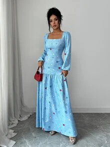 Selianne Autumn/Winter Party Holiday Shopping Date Elegant Slim Fit Square Neck Lantern Long Sleeve Draped Ruffle Fishtail Denim Effect Dress Colorful Diamond Print Pattern Washed Light Blue Women's Dress - Multicolor - View 6