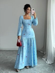 Selianne Autumn/Winter Party Holiday Shopping Date Elegant Slim Fit Square Neck Lantern Long Sleeve Draped Ruffle Fishtail Denim Effect Dress Colorful Diamond Print Pattern Washed Light Blue Women's Dress - Multicolor - View 8