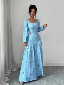 Selianne Autumn/Winter Party Holiday Shopping Date Elegant Slim Fit Square Neck Lantern Long Sleeve Draped Ruffle Fishtail Denim Effect Dress Colorful Diamond Print Pattern Washed Light Blue Women's Dress - Multicolor - View 7