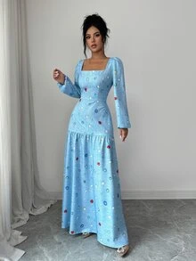 Selianne Autumn/Winter Party Holiday Shopping Date Elegant Slim Fit Square Neck Lantern Long Sleeve Draped Ruffle Fishtail Denim Effect Dress Colorful Diamond Print Pattern Washed Light Blue Women's Dress - Multicolor - View 5
