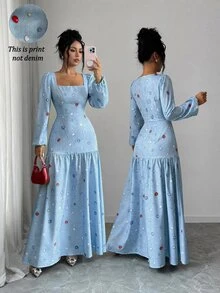 Selianne Autumn/Winter Party Holiday Shopping Date Elegant Slim Fit Square Neck Lantern Long Sleeve Draped Ruffle Fishtail Denim Effect Dress Colorful Diamond Print Pattern Washed Light Blue Women's Dress - Multicolor - View 3