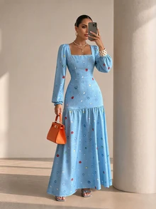 Selianne Autumn/Winter Party Holiday Shopping Date Elegant Slim Fit Square Neck Lantern Long Sleeve Draped Ruffle Fishtail Denim Effect Dress Colorful Diamond Print Pattern Washed Light Blue Women's Dress - Multicolor - View 1