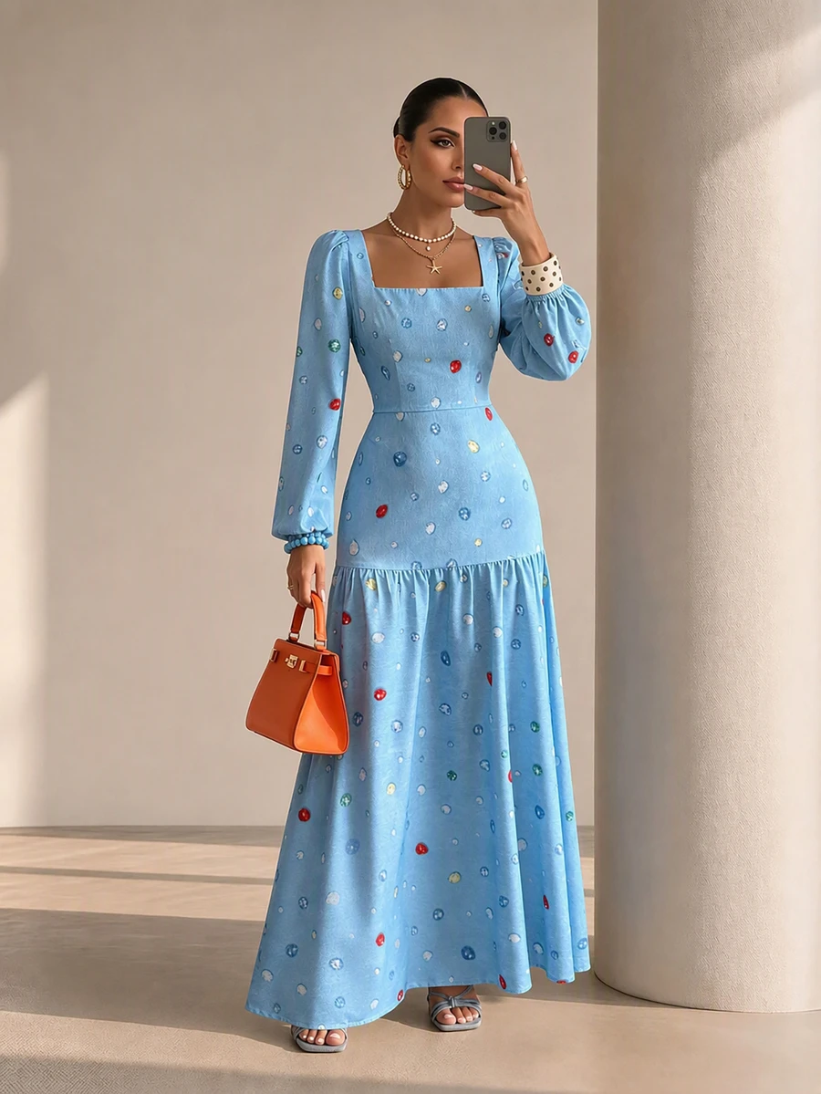 Selianne Autumn/Winter Party Holiday Shopping Date Elegant Slim Fit Square Neck Lantern Long Sleeve Draped Ruffle Fishtail Denim Effect Dress Colorful Diamond Print Pattern Washed Light Blue Women's Dress - Multicolor - View 1