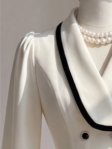 Fine & Folde Women's Elegant French Sophisticated Design White And Black Striped Pearl Button Double-Breasted Cinched Waist Long Sleeve Short Blouse, Autumn/Winter - Apricot - View 4