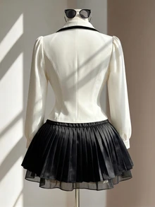 Fine & Folde Women's Elegant French Sophisticated Design White And Black Striped Pearl Button Double-Breasted Cinched Waist Long Sleeve Short Blouse, Autumn/Winter - Apricot - View 2