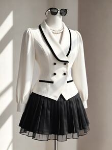 Fine & Folde Women's Elegant French Sophisticated Design White And Black Striped Pearl Button Double-Breasted Cinched Waist Long Sleeve Short Blouse, Autumn/Winter - Apricot - View 5