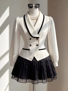Fine & Folde Women's Elegant French Sophisticated Design White And Black Striped Pearl Button Double-Breasted Cinched Waist Long Sleeve Short Blouse, Autumn/Winter - Apricot - View 1