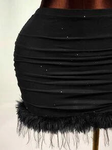 BamGleam Sequin Sheer Mesh & Feather Patchwork Cropped Top And Mini Skirt Set - Black - View 7