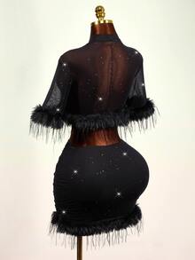 BamGleam Sequin Sheer Mesh & Feather Patchwork Cropped Top And Mini Skirt Set - Black - View 2
