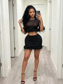 BamGleam Sequin Sheer Mesh & Feather Patchwork Cropped Top And Mini Skirt Set - Black - View 1