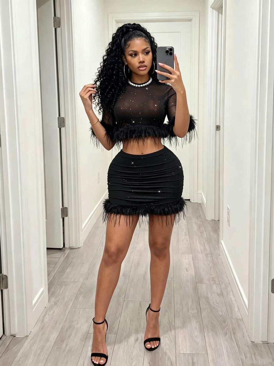 BamGleam Sequin Sheer Mesh & Feather Patchwork Cropped Top And Mini Skirt Set - Black - View 1