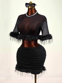 BamGleam Sequin Sheer Mesh & Feather Patchwork Cropped Top And Mini Skirt Set - Black - View 3