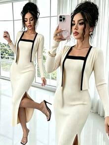 Elenzga Women's Fashion New Contrast Color Patchwork Commuter Date Mature Vertical Stripe Knit Cardigan Camisole Slim Fit Flattering Gentle Minimalist Elegant Outerwear Matching Camisole Dress Elegant 2 Pieces Set - Apricot - View 6