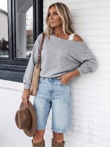 LanaWest Sweatshirt Lengan Panjang Leher Asimetris Gaya Streetwear Minimalis Wanita, Serbaguna untuk Pemakaian Sehari-hari - Grey - View 1