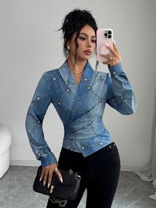 SHEIN Clasi Shawl Surplice Collar Denim-Effect Studded Print Slim Waist Tie Back Top Brunch Night Out Light Blue Autumn Elegant - Multicolor - View 8