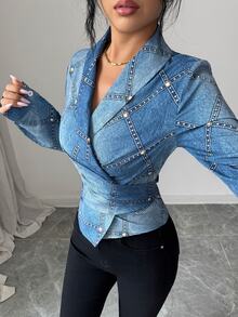 SHEIN Clasi Shawl Surplice Collar Denim-Effect Studded Print Slim Waist Tie Back Top Brunch Night Out Light Blue Autumn Elegant - Multicolor - View 6