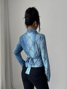 SHEIN Clasi Shawl Surplice Collar Denim-Effect Studded Print Slim Waist Tie Back Top Brunch Night Out Light Blue Autumn Elegant - Multicolor - View 2