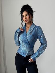 SHEIN Clasi Shawl Surplice Collar Denim-Effect Studded Print Slim Waist Tie Back Top Brunch Night Out Light Blue Autumn Elegant - Multicolor - View 5