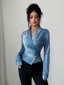 SHEIN Clasi Shawl Surplice Collar Denim-Effect Studded Print Slim Waist Tie Back Top Brunch Night Out Light Blue Autumn Elegant - Multicolor - View 4