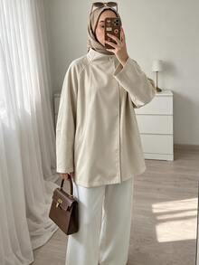 Selianne Women's Fashionable Elegant Asymmetrical Large Lapel Silhouette Mid-Length Trench Coat, Raglan Sleeve Loose Fit Flattering Casual Jacket - Apricot - View 3