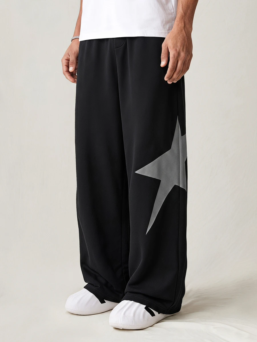 SWAVVY Men's Knitted Fashion Star Print Pattern Casual Loose Fit Elastic Waist Long Pants - Black - View 1