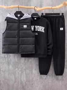 3pcs/Set Kids Tween Boy Casual Street Style Letter Print Pattern Crew Neck Pullover Loose Knit Sweatshirt, Knit Long Pants, Thick Sleeveless Woven Vest, Suitable For Autumn, Winter - Black - View 3