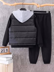 3pcs/Set Kids Tween Boy Casual Street Style Letter Print Pattern Crew Neck Pullover Loose Knit Sweatshirt, Knit Long Pants, Thick Sleeveless Woven Vest, Suitable For Autumn, Winter - Black - View 4