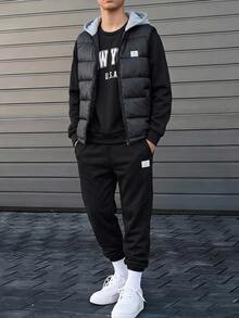 3pcs/Set Kids Tween Boy Casual Street Style Letter Print Pattern Crew Neck Pullover Loose Knit Sweatshirt, Knit Long Pants, Thick Sleeveless Woven Vest, Suitable For Autumn, Winter - Black - View 5