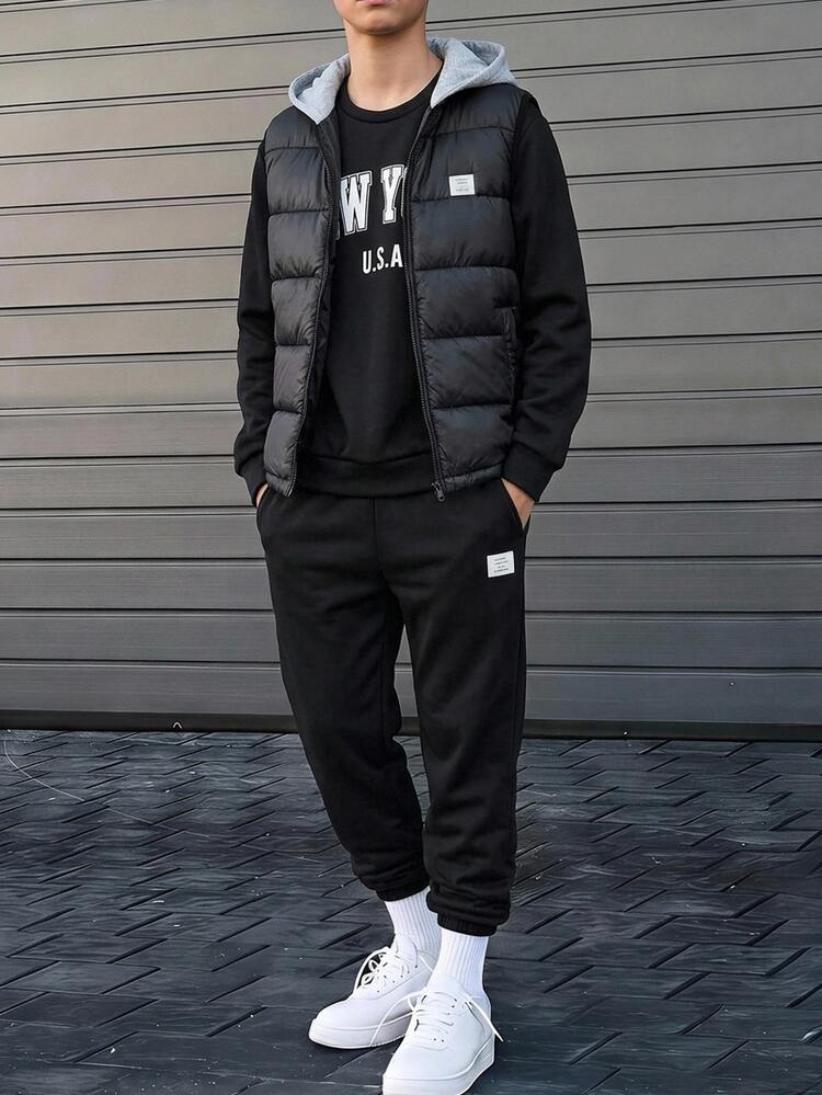 3pcs/Set Kids Tween Boy Casual Street Style Letter Print Pattern Crew Neck Pullover Loose Knit Sweatshirt, Knit Long Pants, Thick Sleeveless Woven Vest, Suitable For Autumn, Winter - Black - View 4