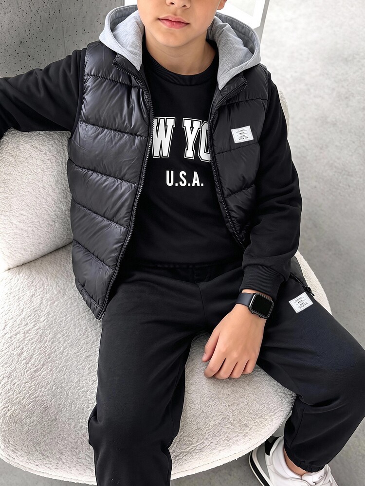 3pcs/Set Kids Tween Boy Casual Street Style Letter Print Pattern Crew Neck Pullover Loose Knit Sweatshirt, Knit Long Pants, Thick Sleeveless Woven Vest, Suitable For Autumn, Winter - Black - View 1