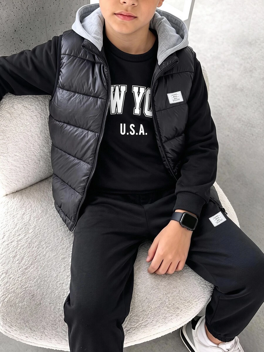 3pcs/Set Kids Tween Boy Casual Street Style Letter Print Pattern Crew Neck Pullover Loose Knit Sweatshirt, Knit Long Pants, Thick Sleeveless Woven Vest, Suitable For Autumn, Winter