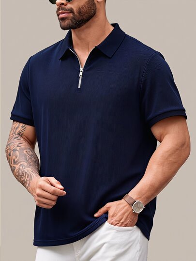 EASEVO Kemeja Polo Kasual Pria Ukuran Besar Warna Polos Lengan Pendek Desain Setengah Resleting, Cocok untuk Liburan, Hadiah Hari Ayah, dan Sepak Bola.