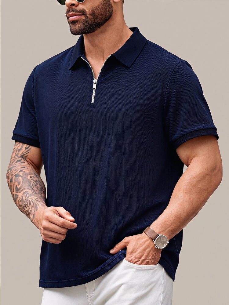EASEVO Men Plus Size Solid Color Short Sleeve Half Zip Design Casual Polo Shirt, Vacation, Father's Day Gifts, Football - Blue - View 1