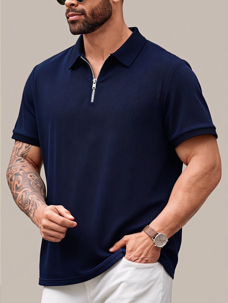 EASEVO Men Plus Size Solid Color Short Sleeve Half Zip Design Casual Polo Shirt, Vacation, Father's Day Gifts, Football - Blue - View 1