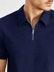 EASEVO 男士大尺碼純色短袖半拉鍊設計休閒 Polo 衫，度假、父親節禮物、足球 - 藍色 - 查看 3