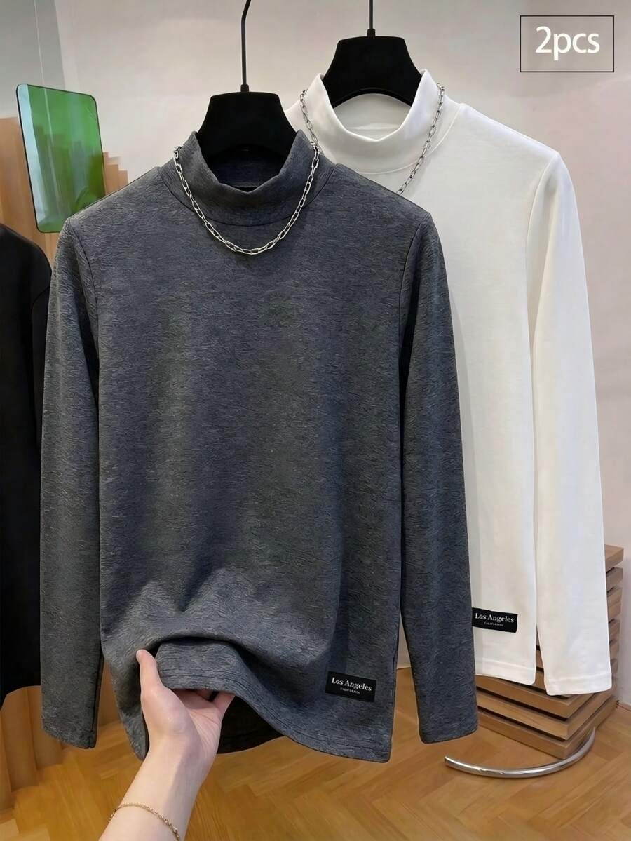 Teen Boys Boy's 2-Piece Set Top T-Shirt Base Layer High Neck Long Sleeve Versatile Base Layer Autumn/Winter New Ribbed Textured Fabric - Grey - View 1