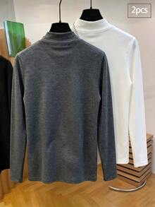 Teen Boys Boy's 2-Piece Set Top T-Shirt Base Layer High Neck Long Sleeve Versatile Base Layer Autumn/Winter New Ribbed Textured Fabric - Grey - View 2