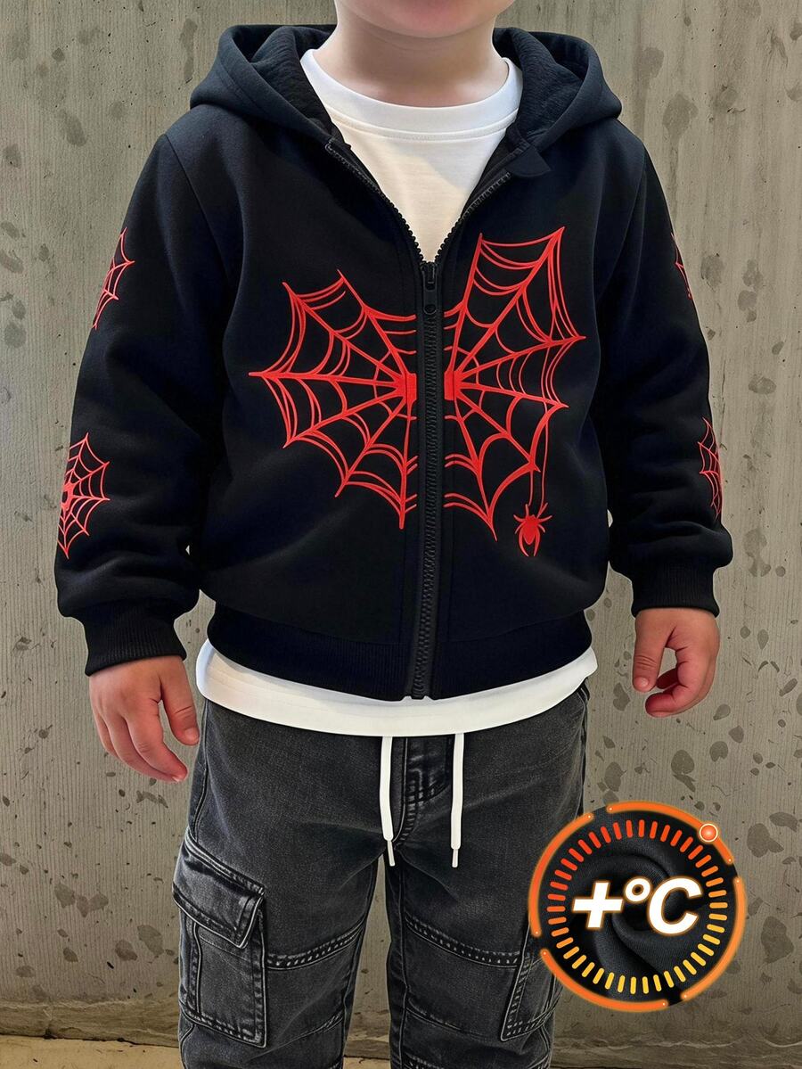 SHEIN Genkimix Kids 男童休閒抓絨蜘蛛網印花連帽拉鍊長袖衛衣，舒適簡約秋冬款