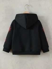 SHEIN Genkimix Kids 男童休閒抓絨蜘蛛網印花連帽拉鍊長袖衛衣，舒適簡約秋冬款 - 黑色 - 查看 4