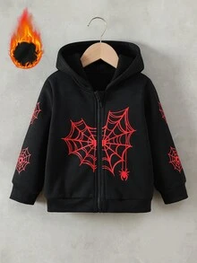 SHEIN Genkimix Kids 男童休閒抓絨蜘蛛網印花連帽拉鍊長袖衛衣，舒適簡約秋冬款 - 黑色 - 查看 3