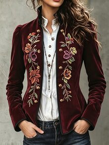 Yalmera Women's Fashion Embroidered Double-Breasted Long Sleeve Jacket Street Elegant - Multicolor - View 1