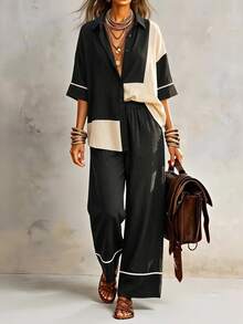 SHEIN Women's Casual Boho Colorblock Patchwork Shirt And Pants 2 Pieces Set Vacation Black Autumn - Black - View 1