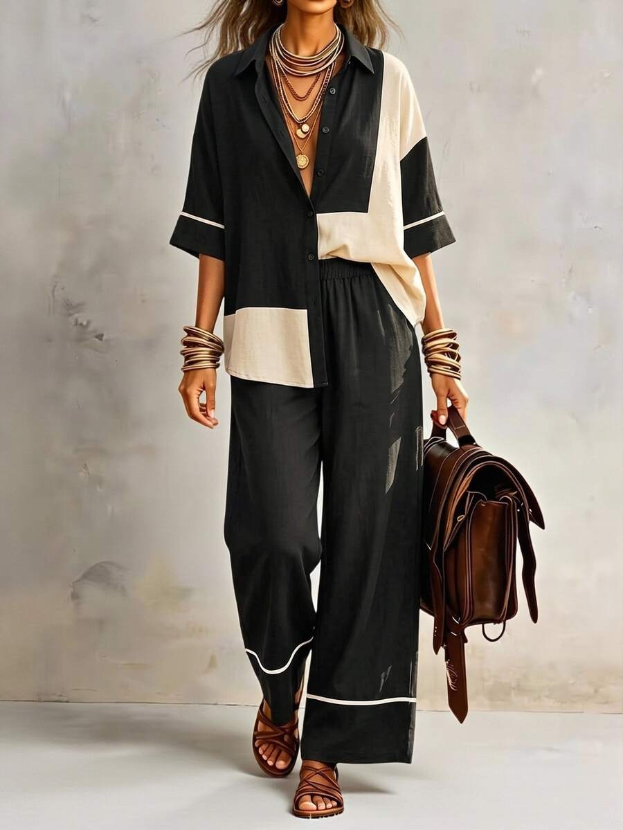 SHEIN Women's Casual Boho Colorblock Patchwork Shirt And Pants 2 Pieces Set Vacation Black Autumn - Black - View 1