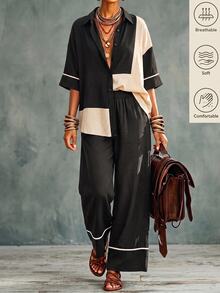 SHEIN Women's Casual Boho Colorblock Patchwork Shirt And Pants 2 Pieces Set Vacation Black Autumn - Black - View 8