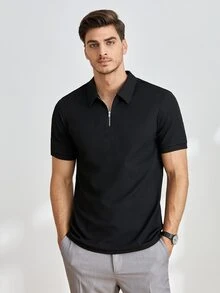EASEVO 男士大尺碼夏季休閒商務純色短袖 Polo 衫，度假、父親節禮物、假期黑色、足球 - 黑色 - 查看 4