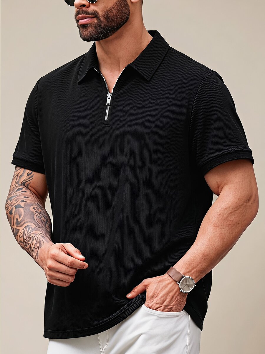 EASEVO 男士大尺碼夏季休閒商務純色短袖 Polo 衫,度假、父親節禮物、假期黑色、足球 - 黑色 - 查看 1