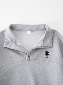 SHEIN 2合1女童套裝：刺繡馬半拉鍊上衣與彈性直筒褲，連帽衫，秋季穿搭，秋季日常穿著 - 灰色 - 查看 6